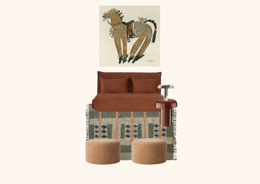 Une déco colorée avec un tapis à motifs ethnique terracotta et un poster affiche cheval peint. table d'appoint nooma, lampe la redoute, pouf sostrene grene