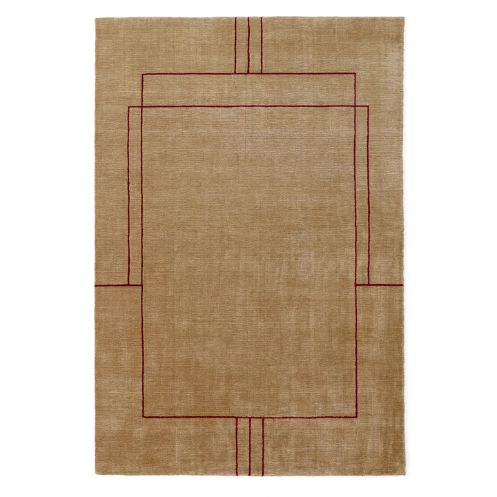 tapis camel beige chaud neutre mais pas basique motif rouge discret pour salon chic et design
